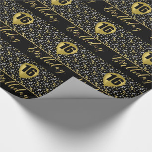 16th Birthday Gold Balloon on Black with Confetti Wrapping Paper
