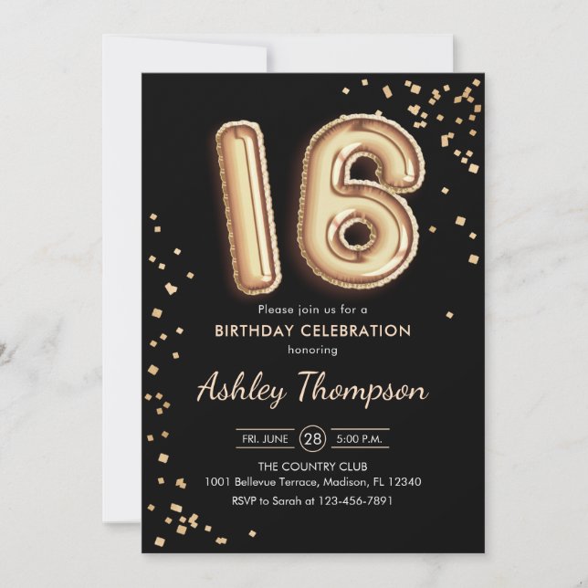 16th Birthday - Gold Balloons Black Invitation (Front)