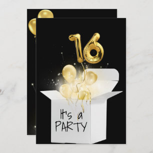 16th Birthday Gold Balloons In White Box Invitation