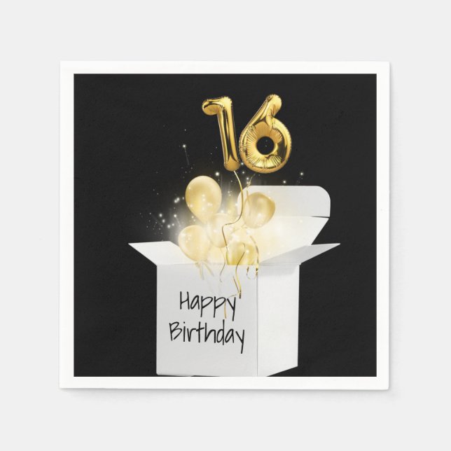 16th Birthday Gold Balloons In White Box Napkins (Front)