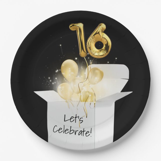 16th Birthday Gold Balloons In White Box  Paper Plates (Front)