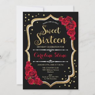 16th Birthday - Gold Black Red Roses Invitation