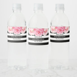 16th Birthday Gold Black Stripes Pink Flowers Water Bottle Label