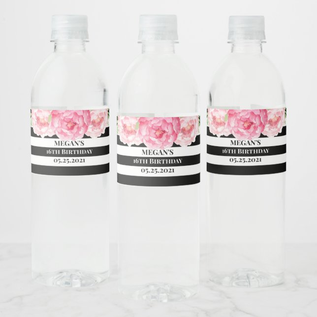 16th Birthday Gold Black Stripes Pink Flowers Water Bottle Label (Bottles)