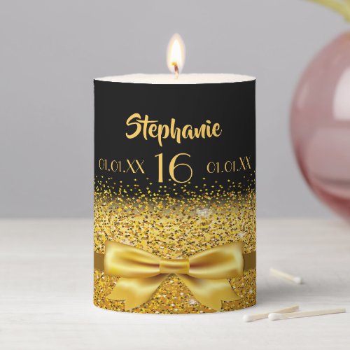 16th birthday gold bow black name age pillar candle