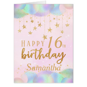 16th Birthday Gold Glitter Balloons Jumbo Card