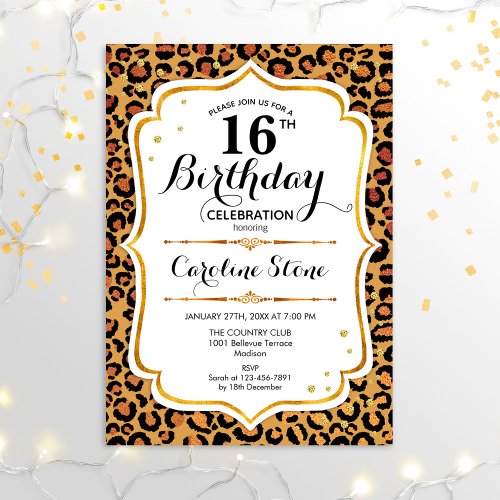 16th Birthday _ Gold Leopard Print Invitation