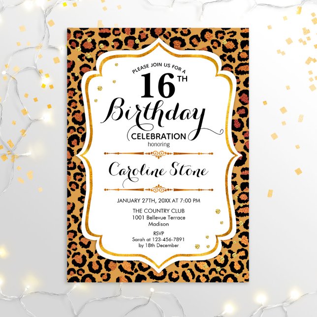 16th Birthday - Gold Leopard Print Invitation (Creator Uploaded)