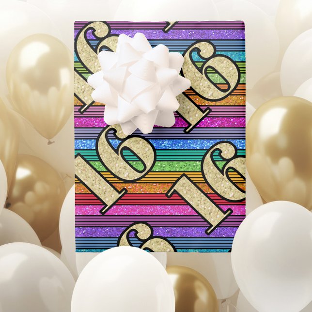 16th Birthday Gold Numbers Rainbow Stripe Glitter Wrapping Paper Sheets (Creator Uploaded)