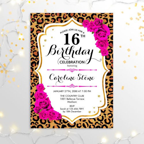 16th Birthday _ Gold Pink Leopard Print Invitation