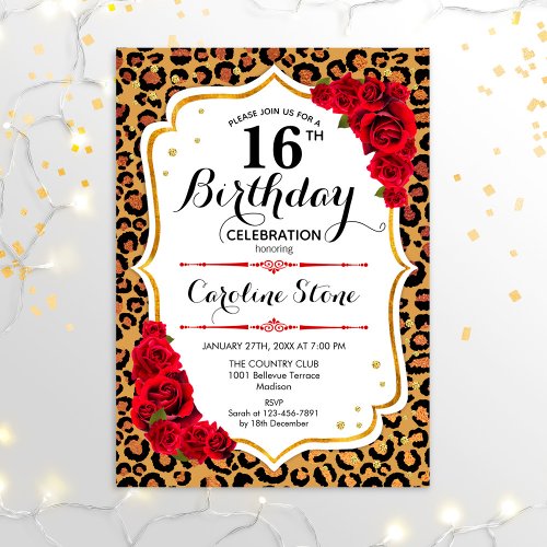 16th Birthday _ Gold Red Leopard Print Invitation