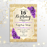 16th Birthday - Gold Stripes Purple Roses Invitation<br><div class="desc">16th Birthday Invitation. Elegant design in gold and purple. Features faux glitter gold stripes,  roses stylish script font and confetti. Perfect for a glam birthday party.</div>