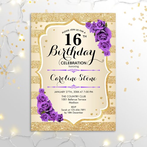 16th Birthday _ Gold Stripes Purple Roses Invitation