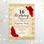 16th Birthday - Gold Stripes Roses Invitation<br><div class="desc">16th Birthday Invitation. Elegant design in gold and red. Features faux glitter gold stripes,  red roses stylish script font and confetti. Perfect for a glam birthday party.</div>