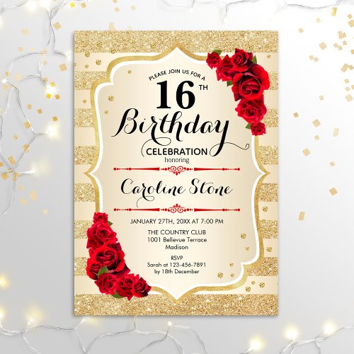 16th Birthday _ Gold Stripes Roses Invitation