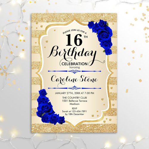 16th Birthday _ Gold Stripes Roya Blue Roses Invitation