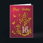 16th Birthday golden butterflies Card<br><div class="desc">A very elegant birthday card that you can customize. Golden butterflies and rose foliage frame a jeweled number.</div>