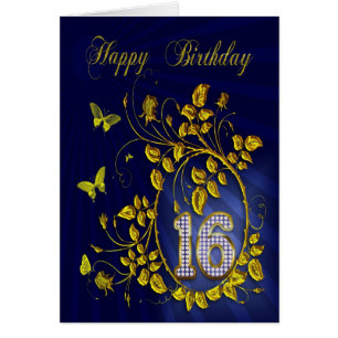 16th Birthday golden butterflies Cards