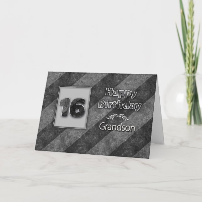 16th BIRTHDAY, Grandson, Grunge Gray Stripes Card (Front)