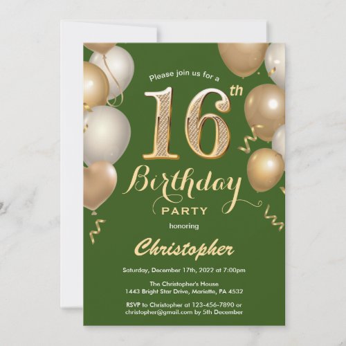 16th Birthday Green and Gold Balloons Confetti Invitation