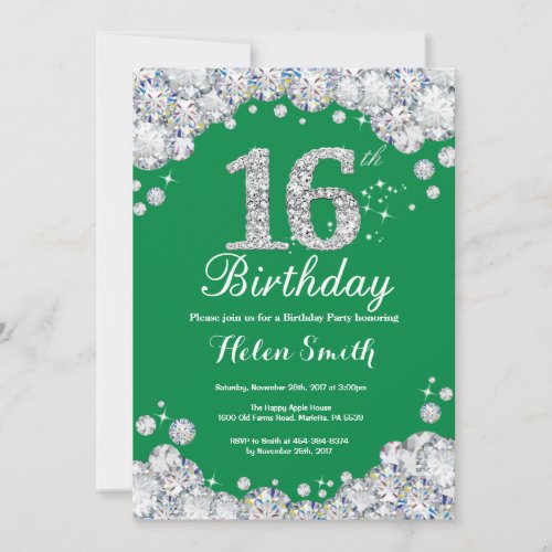 16th Birthday Green and Silver Diamond Invitation