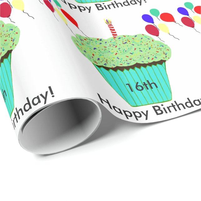16th Birthday Green Cupcake Balloons Customize Age Wrapping Paper (Roll Corner)