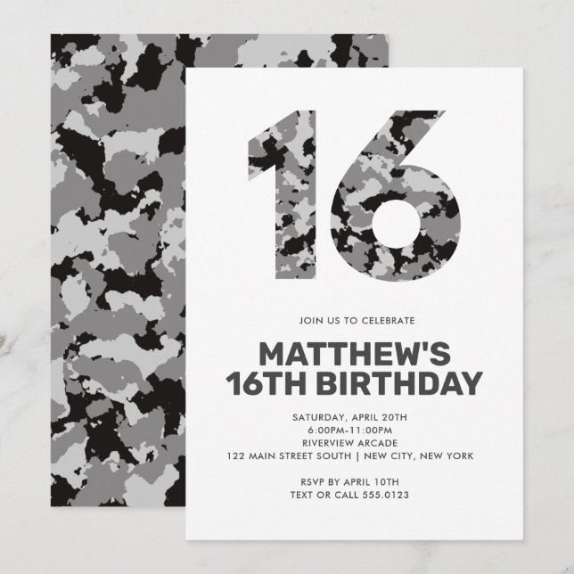 16TH Birthday, Grey Camo Personalized Teen Invitation (Front/Back)