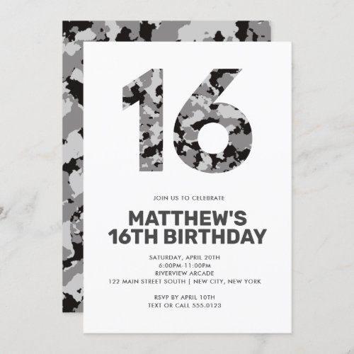 16TH Birthday, Grey Camo Personalized Teen