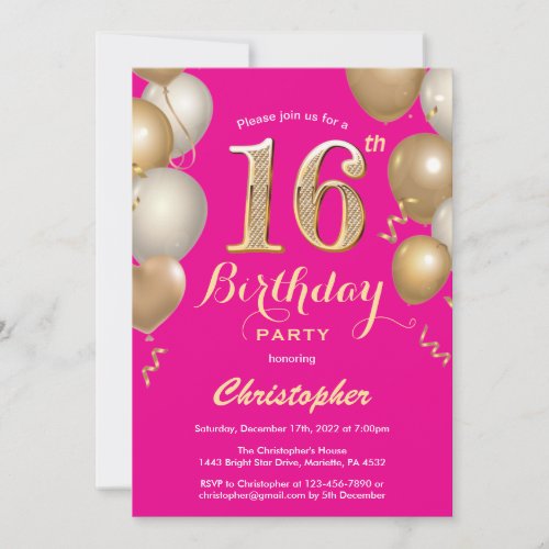 16th Birthday Hot Pink and Gold Balloons Confetti Invitation