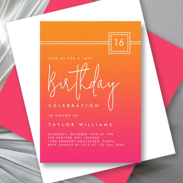16th Birthday Hot Pink Orange Bold Simple Minimal Invitation (Creator Uploaded)