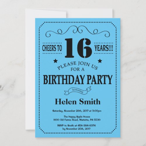 16th Birthday Invitation Black and Blue