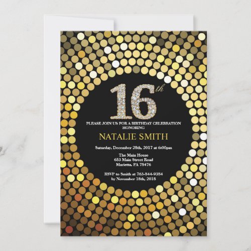 16th Birthday Invitation Black and Gold Glitter