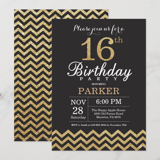 16th Birthday Invitation Black and Gold Glitter (Front/Back)