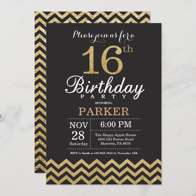 16th Birthday Invitation Black and Gold Glitter (Front/Back)