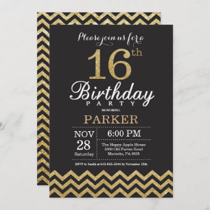 16th Birthday Invitation Black and Gold Glitter