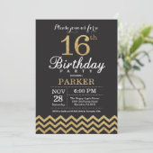 16th Birthday Invitation Black and Gold Glitter (Standing Front)