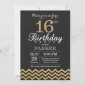 16th Birthday Invitation Black and Gold Glitter (Front)