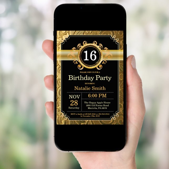 16th Birthday Invitation Black and Gold Glitter (Front Digital)