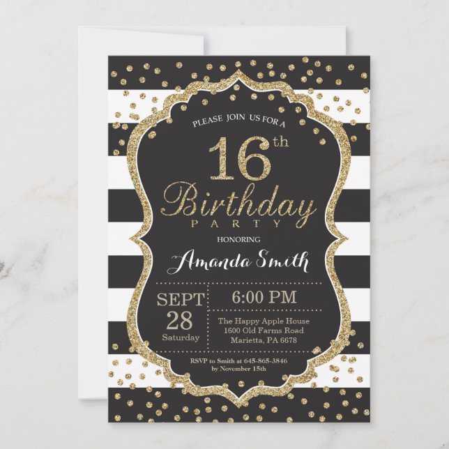 16th Birthday Invitation. Black and Gold Glitter Invitation (Front)