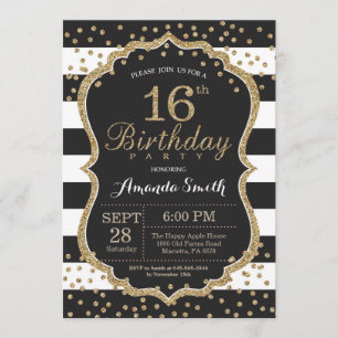 16th Birthday Invitation. Black and Gold Glitter Invitation