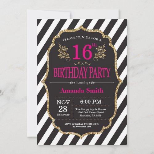16th Birthday Invitation Black and Gold Glitter Invitation