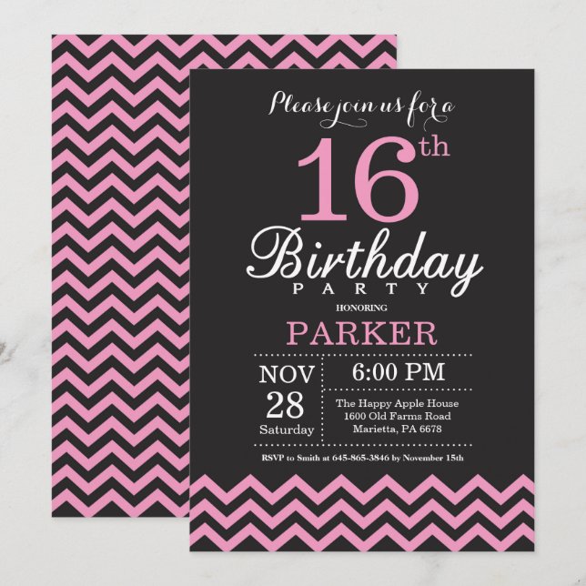 16th Birthday Invitation Black and Pink Chevron (Front/Back)