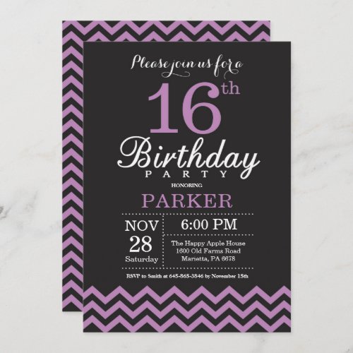 16th Birthday Invitation Black and Purple