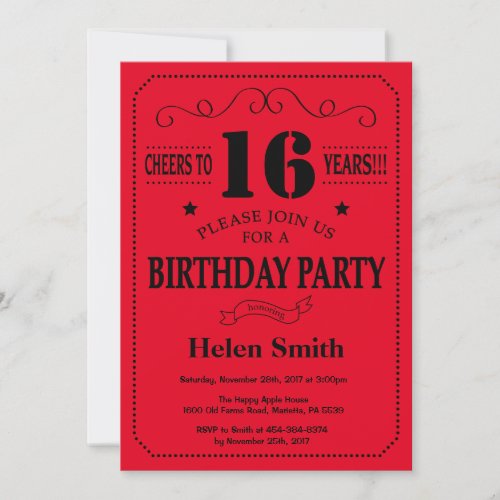 16th Birthday Invitation Black and Red