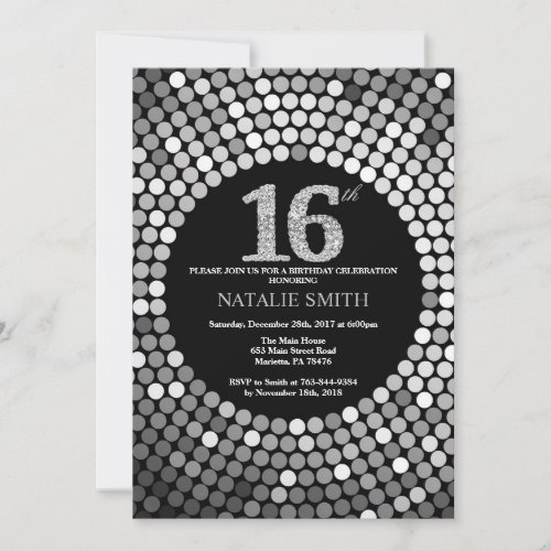 16th Birthday Invitation Black and Silver Glitter