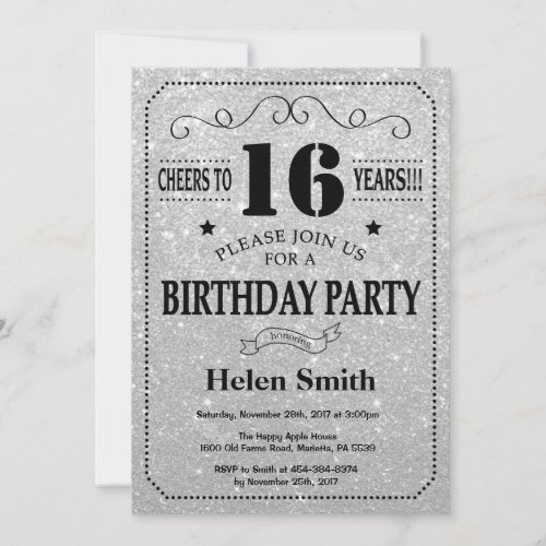16th Birthday Invitation Black and Silver Glitter