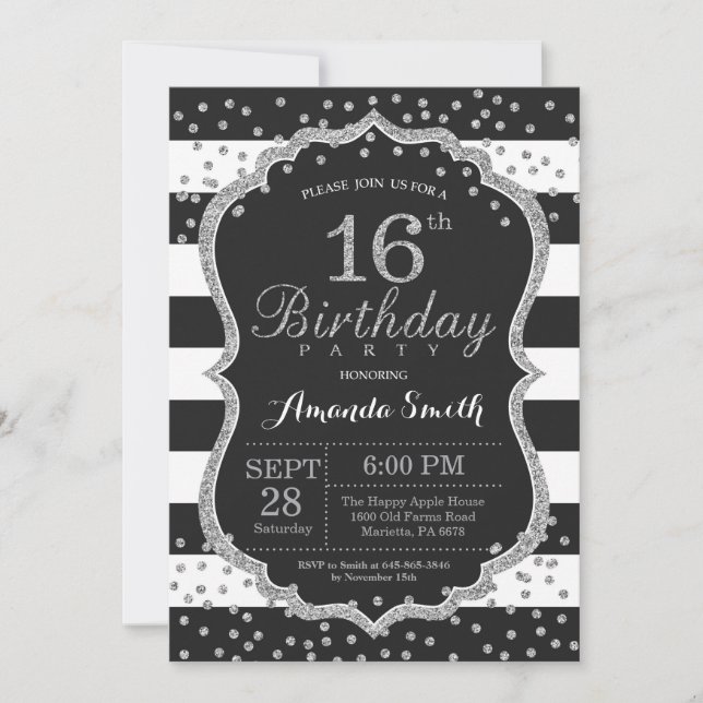 16th Birthday Invitation. Black and Silver Glitter Invitation (Front)