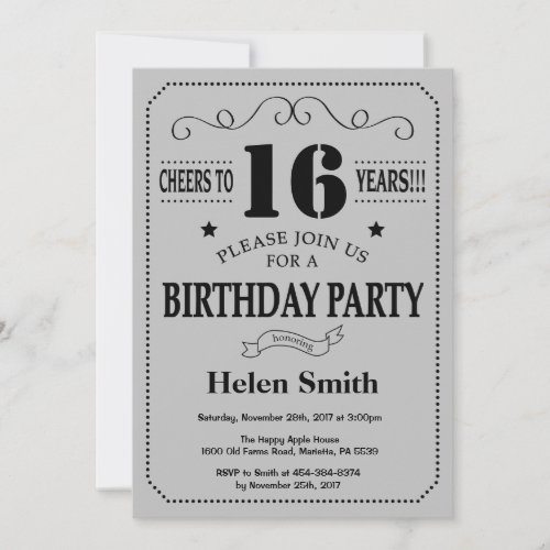 16th Birthday Invitation Black and Silver Gray