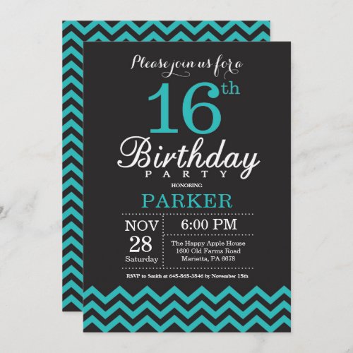 16th Birthday Invitation Black and Teal