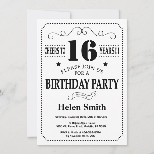16th Birthday Invitation Black and White (Front)